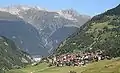 Views over Curaglia towards Anterior Rhine Valley with the Benedictine Abbey of Disentis