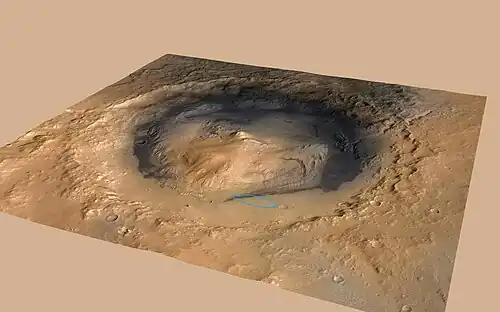 Aeolis Mons rises from the middle of Gale - Green dot marks Curiosity's landing site in Aeolis Palus.