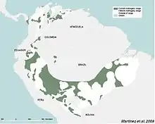 Current range of big-leaf mahogany in South America