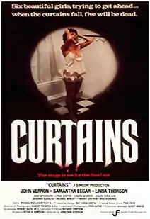 A spotlight over a woman standing in a bathroom clutching her hair, and screaming; The title, Curtains is positioned in large font beneath, with red, dripping tinges of blood on the lower part of the typeface.