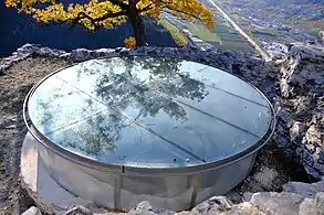 Glass circle above a hole.