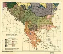 Old, multicolored map of southeastern Europe