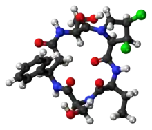Ball-and-stick model of the cyclochlorotine molecule