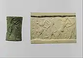 Cylinder seal and modern impression – bull-man combatting lion; nude hero combatting water buffalo; 2250–2150 BC; albite; height: 3.4 cm, diameter: 2.3 cm; Metropolitan Museum of Art (New York City)