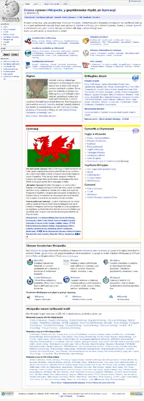 Screenshot of the homepage of the Welsh Wikipedia