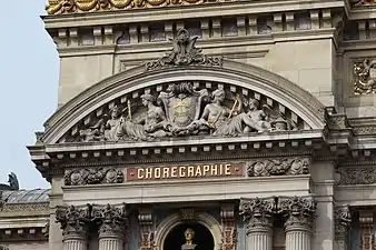 Beaux-Arts pediment with sculptures on the facade of the Palais Garnier, Paris, by Charles Garnier, 1861-1874