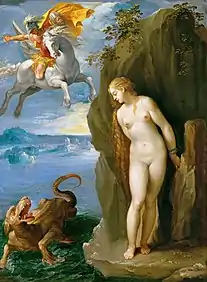 Giuseppe Cesari, Perseus and Andromeda, 1602. The hero is shown riding Pegasus, the flying horse, in a departure from classical myth.