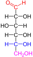 D-glucose in the Fischer projection.Red: Group with highest priority,Blue: For determination of D-/L- relevant group,Violet: Group with achiral carbon atom