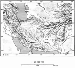 Topographic map of the Iranian plateau, connected to the Armenian Highlands and Anatolia in the west, and to the Hindu Kush and the Himalayas in the east