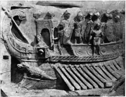 A Roman naval bireme depicted in a relief from the Temple of Fortuna Primigenia in Praeneste (Palastrina), which was built c. 120 BC; exhibited in the Pius-Clementine Museum (Museo Pio-Clementino) in the Vatican Museums.