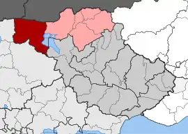 Kerkini boundary in dark red, the neighbouring municipal units of Sintiki in pink, the remainder of Serres in dark grey, to the south