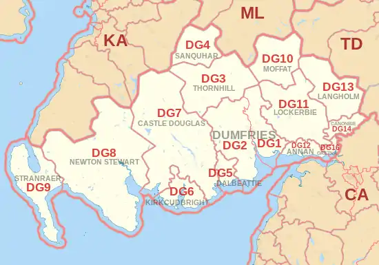 DG postcode area map, showing postcode districts, post towns and neighbouring postcode areas.