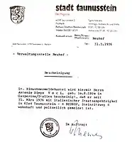 In 1976, the metamorphous of Diego for his middle name was completed by Diego on at least one official document when he registered residence in Taunusstein (by Wiesbaden) at the time he and Helga purchased their first and last home and studio.  The name is "Antonio Diego Voci", finally official recognition of Diego on a government document