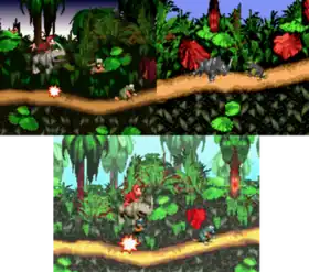 Diddy Kong rides a rhino, Rambi, and rams into a beaver enemy, Gnawty. The upper left screenshot shows the SNES version, the upper right shows the GBC version, and the bottom shows the GBA version.