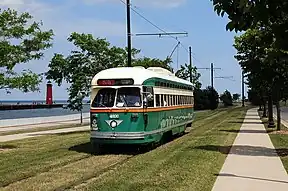 A PCC streetcar touring HarborPark