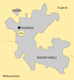 Dadra and Nagar Haveli map in grey depicting the Gujarati enclave village of Maghval in cream