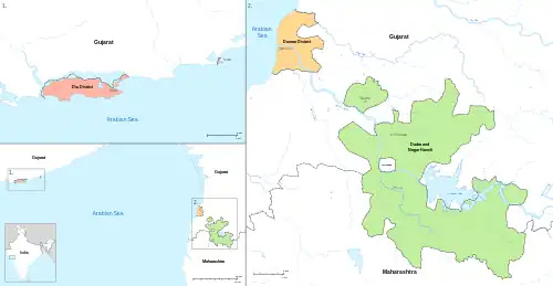 Map of Dadra and Nagar Haveli and Daman and Diu, showing its three districts as well as general location within India.
