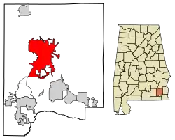 Location of Ozark in Dale County, Alabama.
