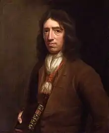 Oil on canvas portrait of Dampier holding a copy of his book