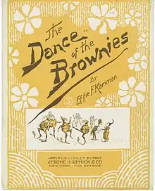 Sheet music for Kamman's "The Dance of the Brownies" (1893), published by Jerome H. Remick & Co.; cover has an orange background, with an image of dancing brownies.