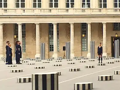 Dancers of the Nathalie Pernette company perform her dance piece La Figure du Baiser in May 2017 within the Columns of Buren at the Palais-Royal.