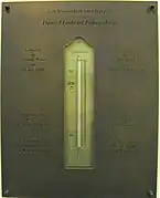 Memorial plaque of Daniel Gabriel Fahrenheit's burial site in the church's porch.