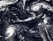 A satellite photo of Tropical Storm Earl (bottom left) and Hurricane Danielle (top right) both active simultaneously on September 5, 2022.