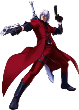 Render of a silver haired man wearing a red jacket. The hilt of his sword is visible while he points a pistol forward.