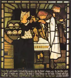 Sir Tristram and la Belle Ysoude drink the potion, stained-glass panel by Morris, Marshall, Faulkner & Co., design by Rossetti (1862–63)