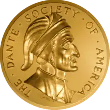 Gold medallion with a side profile of Dante and the words "The Dante Society of America"