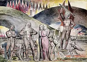 William Blake, Muhammad pulling his chest open in an illustration to Dante's Inferno (1827)