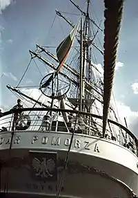 Polish coat of arms in the full-rigged sailing ship from Gdynia called "Dar Pomorza" (English: Gift of Pomerania), 1938.