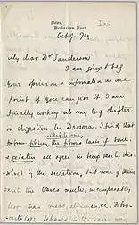 handwritten letter from Charles Darwin to John Burdon-Sanderson dated 9 October 1874