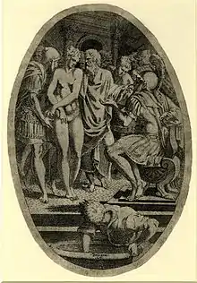 Soldiers bringing Timoclea, naked, before Alexander the Great, enthroned in the foreground; c.1541/45.  After Primaticcio, height 341 mm  (trimmed), width: 231 mm. Signed "Bologna L.D."