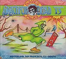 A skeleton wearing a green, hooded robe is ice skating, with the Golden Gate Bridge in the background