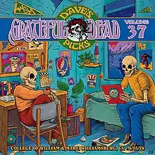 Two skeleton students in their dorm room, listening to Grateful Dead LPs