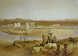 Bigeh (foreground) and Philae with temple,in the First Cataract of the Nile River.(1838 painting by David Roberts).