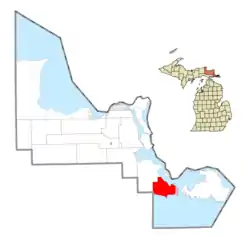 Location within Chippewa County (red) and the administered village of DeTour (pink)