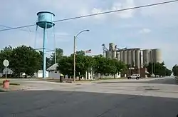 Water tower, Post Office, Goose Creek Library and grain elevators in downtown De Land, 2007