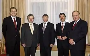 Five Nordic Prime Ministers (Matti Vanhanen (left) from Finland, Davíð Oddsson (second left) from Iceland, Kjell Magne Bondevik (center) from Norway, Anders Fogh Rasmussen (second right) from Denmark, and Göran Persson (right) from Sweden) at the Nordic Council Session in Oslo, on 27 October 2003.