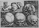 Engraving: Dead Child with Four Skulls