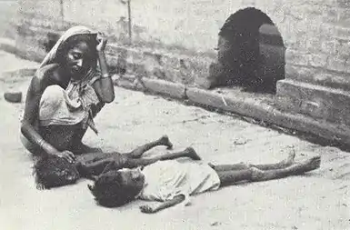 A healthy young Indian woman wearing traditional Indian clothing sits on her haunches in a street, tenderly touching the smaller of two very emaciated, dead or dying children. Her facial expression is sad and concerned.