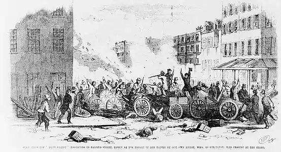 A fight between the Dead Rabbits and the Bowery Boys during the 1857 Dead Rabbits Riot.