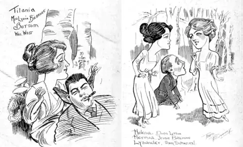 sketches of Barrie's characters as Titania, Bottom, Lysander, Helena and Hermia from Shakespeare's play