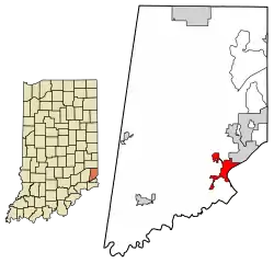 Location of Aurora in Dearborn County, Indiana.