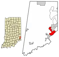 Location of Lawrenceburg in Dearborn County, Indiana.