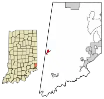 Location of Moores Hill in Dearborn County, Indiana.