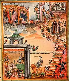 Icon of a vision granted by Basil the Younger to his servant, of the death of St Theodora and the aerial toll houses.