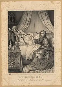 An engraving showing a woman lying in a draped bed and clutching a cross, with a woman dressed in mourning seated at the side of the bed, while a priest and 2 women wait next to a table on the left side of the picture
