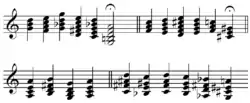 musical score showing a sequence of 22 different chords, each with 3, 4 or 5 notes